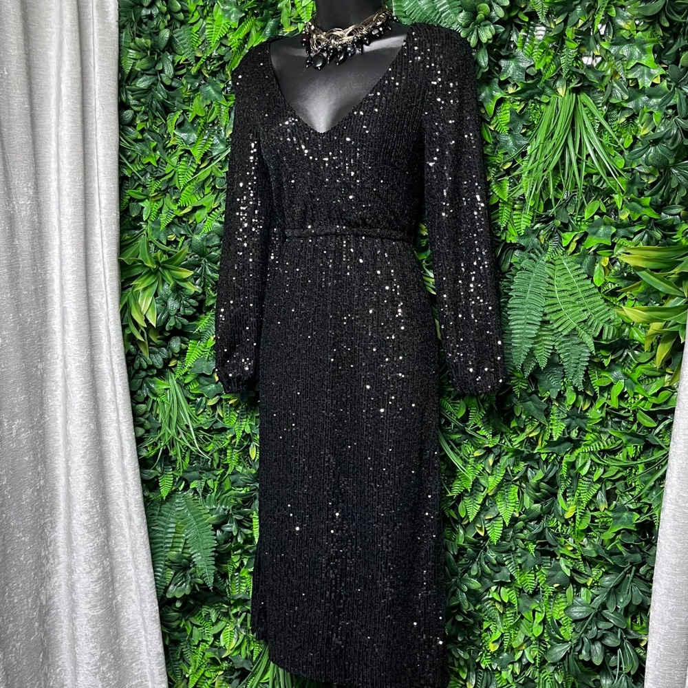 Betsey Johnson Dress XS Black Cocktail Party‎  Sequin Midi  Long Sleeve  2848